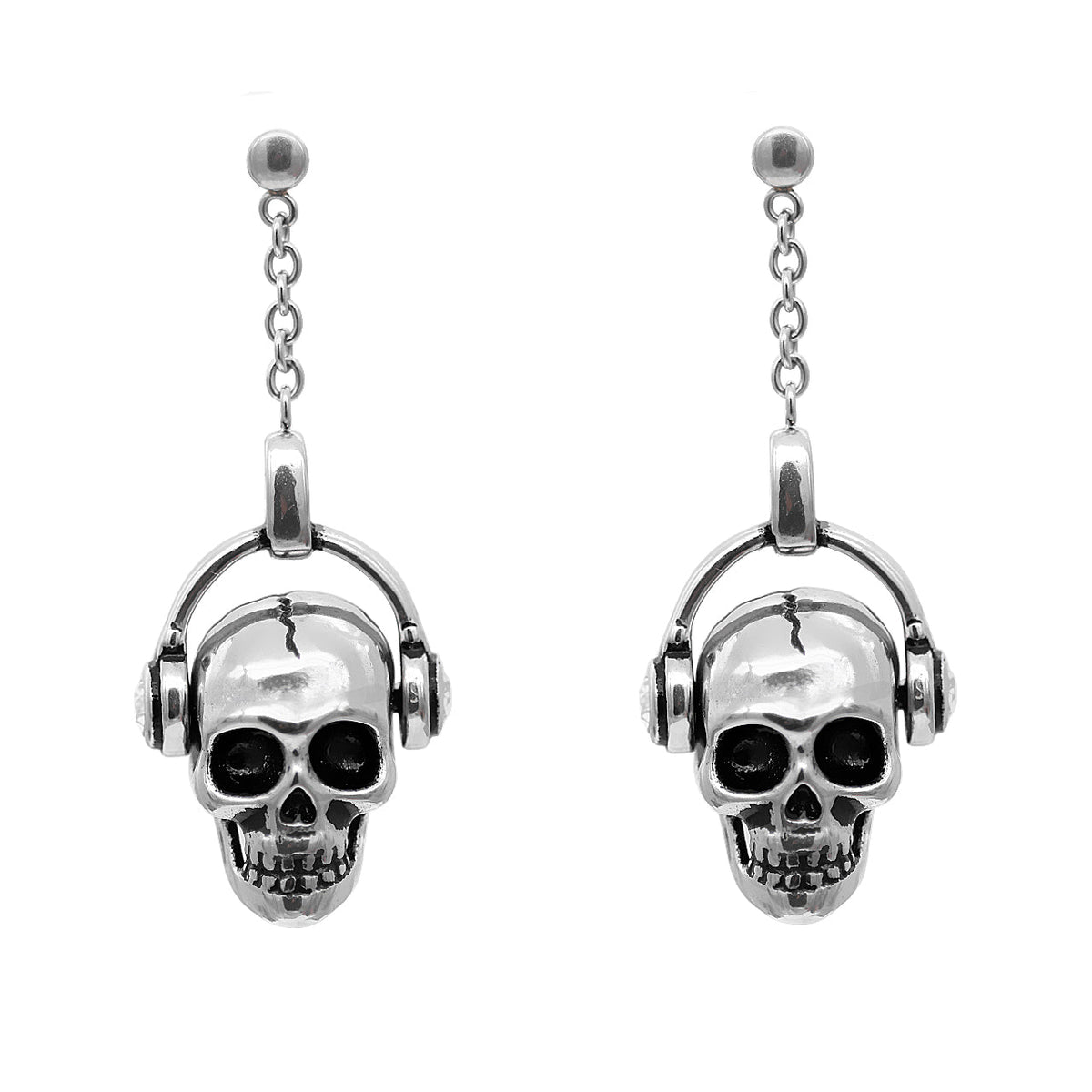 Gothic Skull Headphone Dangle Earrings Silver Punk Unisex