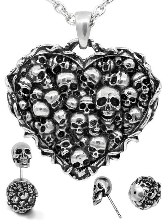 Gothic Skull Heart Necklace Earrings Set Silver Tone