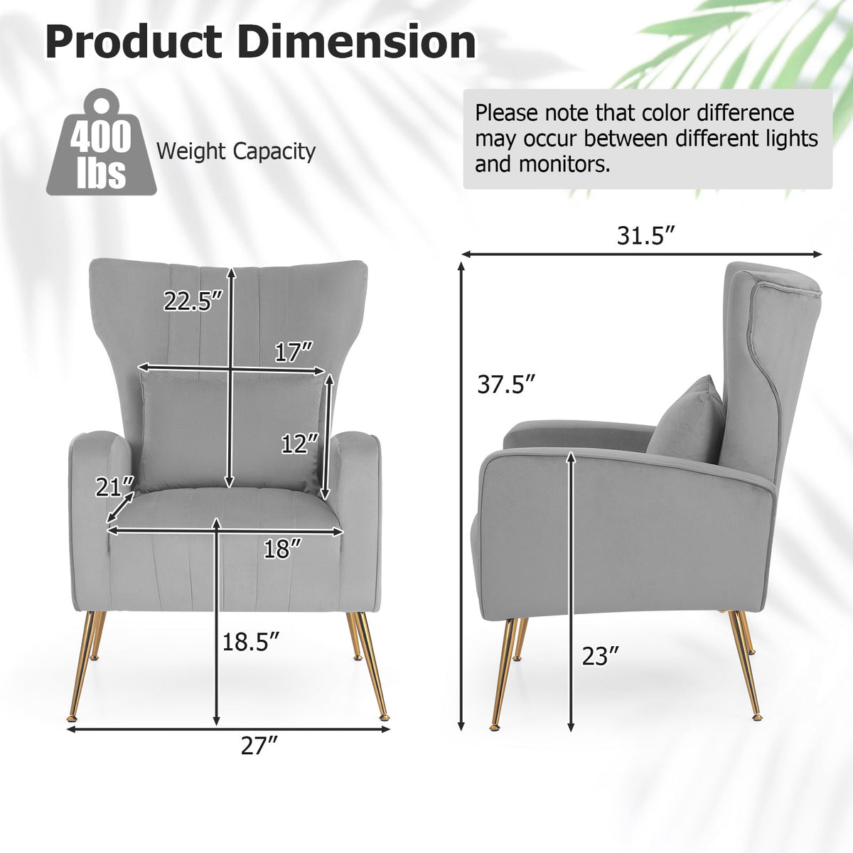 Velvet Upholstered Wingback Chair with Lumbar Pillow and Golden Metal Legs