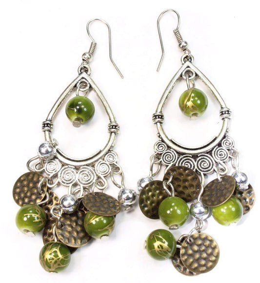 Green Beaded Chandelier Earrings Boho Dangle Statement