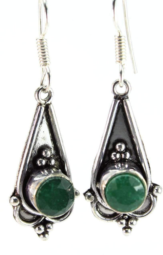 Green Cabochon Drop Earrings Vintage Silver Tone Dangle