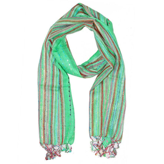 Green Lurex Cotton Striped Scarf Lightweight Fashion