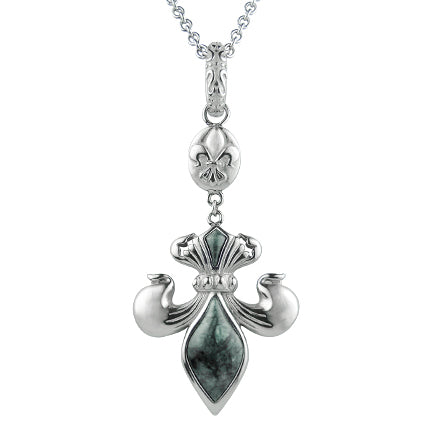 Green Marble Fleur De Lis Pendant Necklace Sterling
