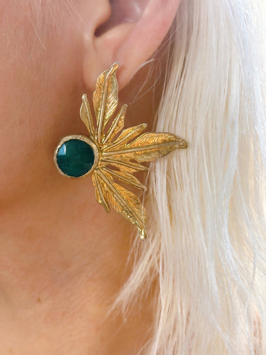 Green Quartz Gold Plated Leaf Drop Earrings For Women