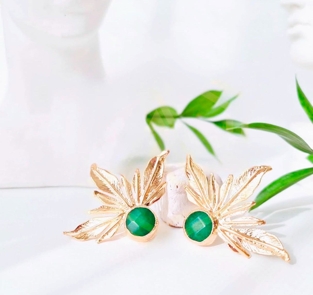 Green Quartz Gold Plated Leaf Drop Earrings For Women