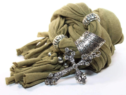 Green Rustic Cross Pendant Scarf With Rhinestone Charm
