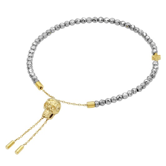 Grey Hematite Skull Beaded Pull Chain Bracelet Adjustable