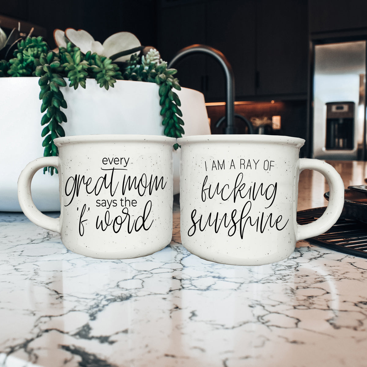 14.5oz Ceramic Campfire Mug White Sesame Glaze Speckled Ivory Black Lettering Design Both Sides Gift