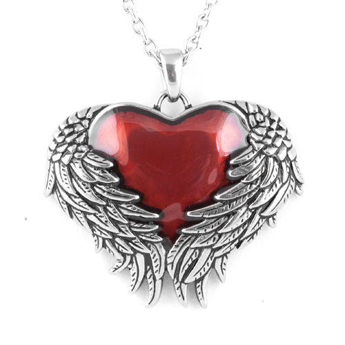 Guarded Red Heart Winged Pendant Necklace Silver Chain