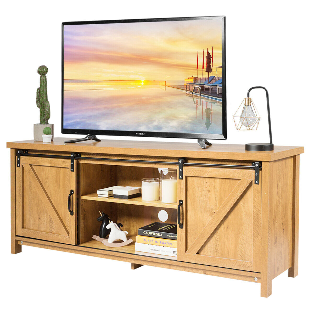TV Stand Media Center Console Cabinet with Sliding Barn Door