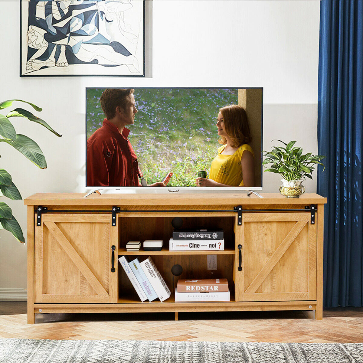 TV Stand Media Center Console Cabinet with Sliding Barn Door