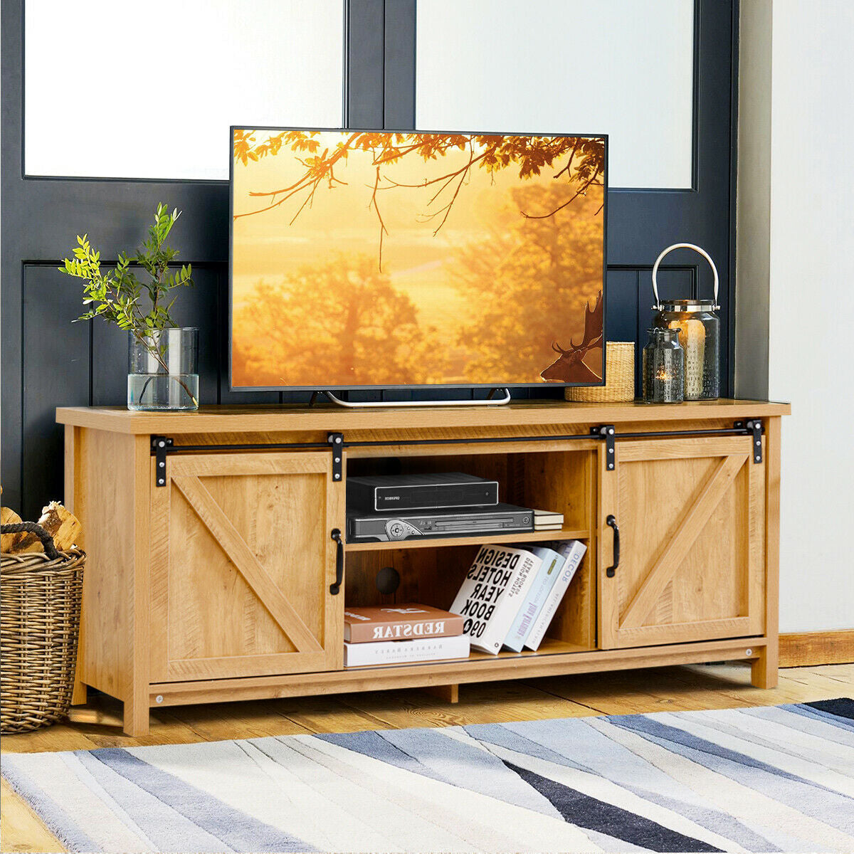 TV Stand Media Center Console Cabinet with Sliding Barn Door