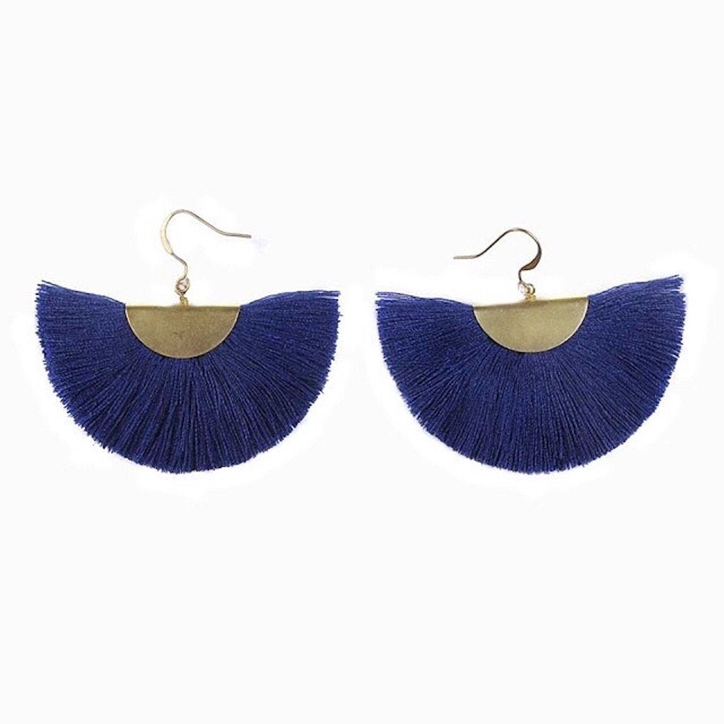 Half Moon Fan Tassel Earrings Boho Cotton Brass Lightweight Fringe Drop 3in
