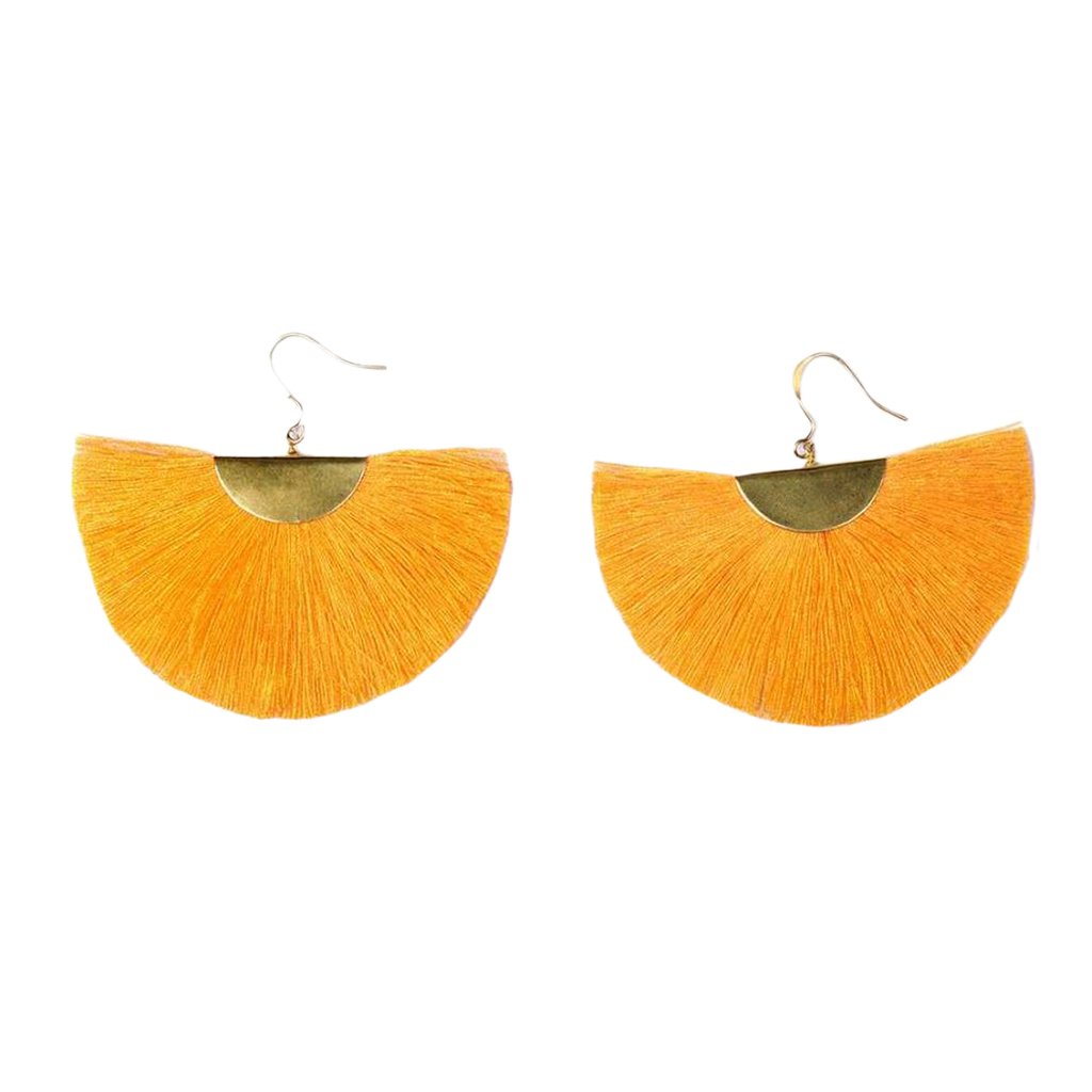 Half Moon Fan Tassel Earrings Boho Cotton Brass Lightweight Fringe Drop 3in