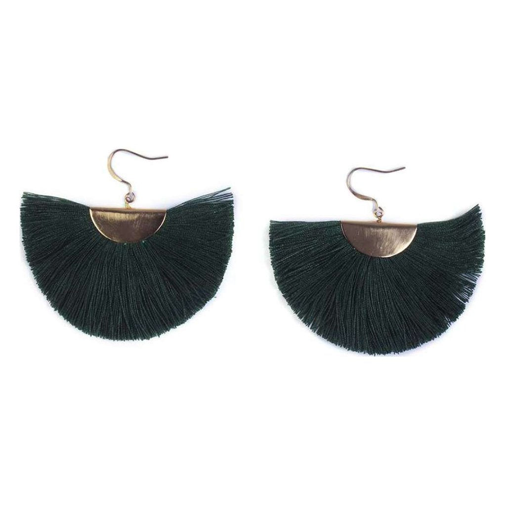 Half Moon Fan Tassel Earrings Boho Cotton Brass Lightweight Fringe Drop 3in