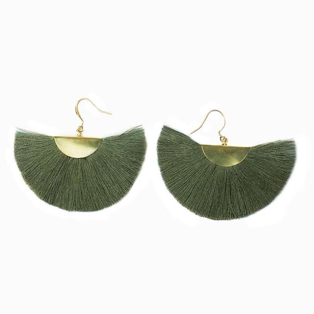 Half Moon Fan Tassel Earrings Boho Cotton Brass Lightweight Fringe Drop 3in