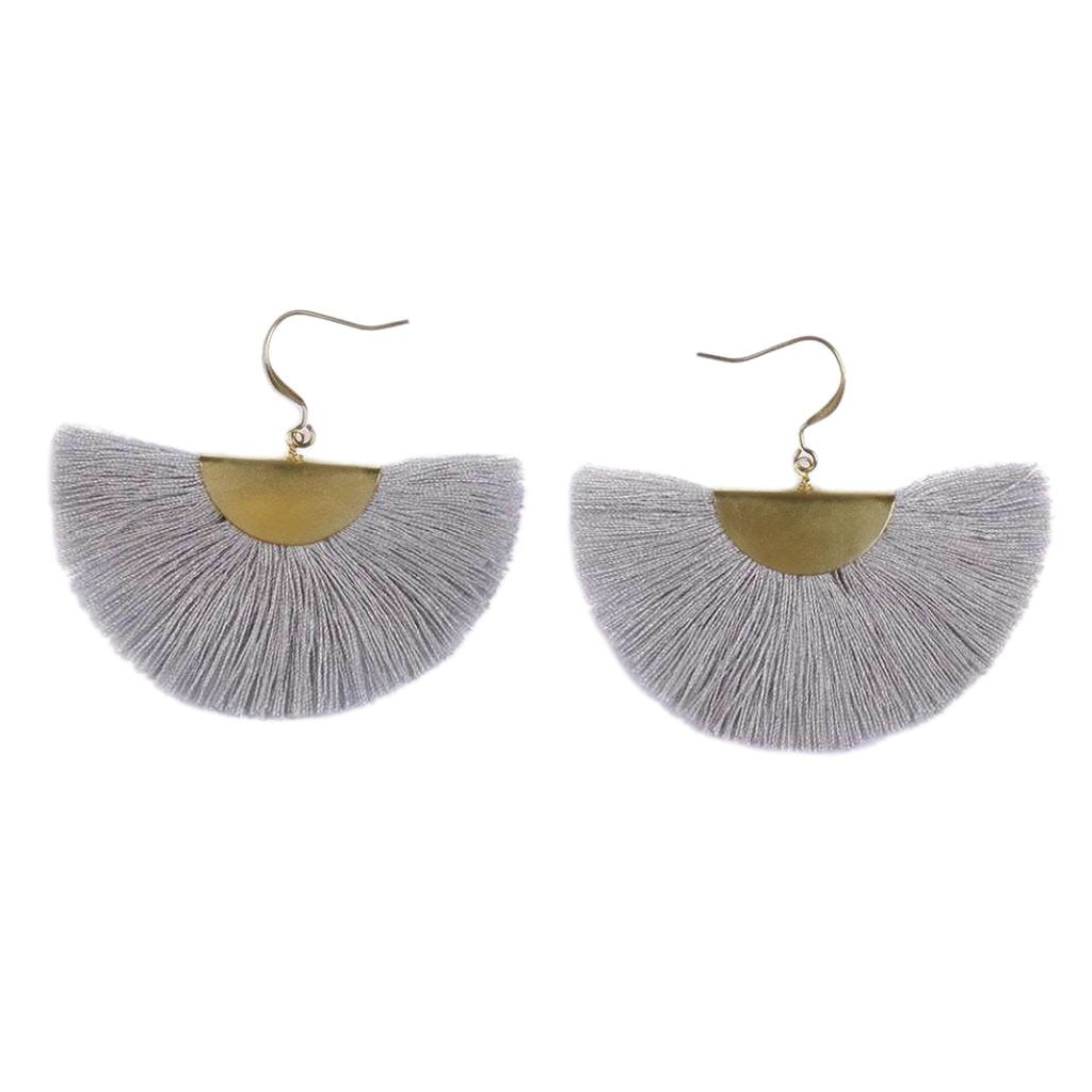 Half Moon Fan Tassel Earrings Boho Cotton Brass Lightweight Fringe Drop 3in