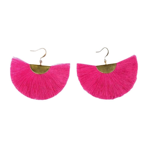 Half Moon Fan Tassel Earrings Boho Cotton Brass Lightweight Fringe Drop 3in