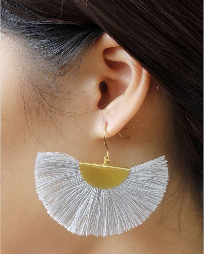 Half Moon Fan Tassel Earrings Boho Cotton Brass Lightweight Fringe Drop 3in