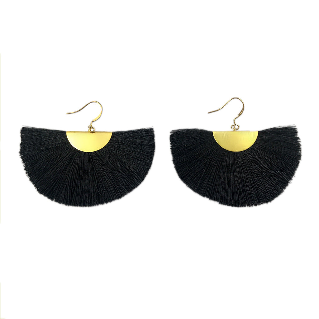 Half Moon Fan Tassel Earrings Boho Cotton Brass Lightweight Fringe Drop 3in