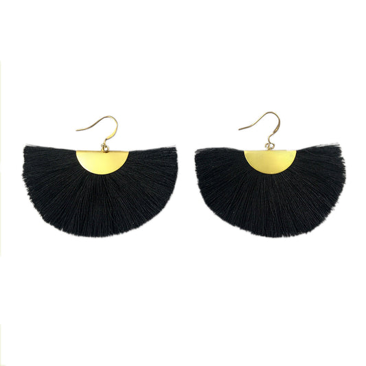 Half Moon Fan Tassel Earrings Boho Cotton Brass Lightweight Fringe Drop 3in