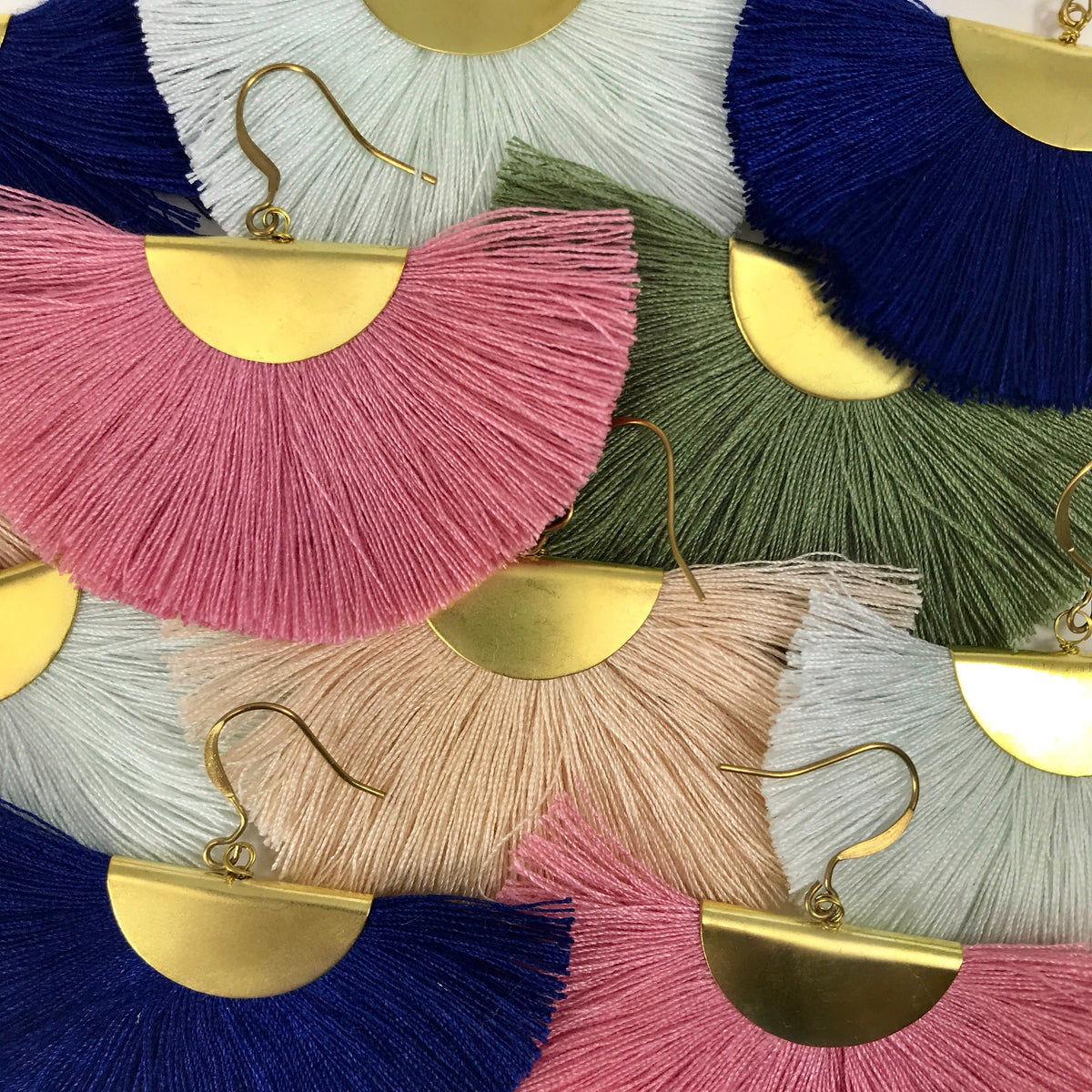 Half Moon Fan Tassel Earrings Boho Cotton Brass Lightweight Fringe Drop 3in