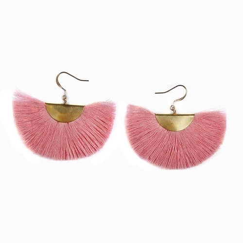 Half Moon Fan Tassel Earrings Boho Cotton Brass Lightweight Fringe Drop 3in
