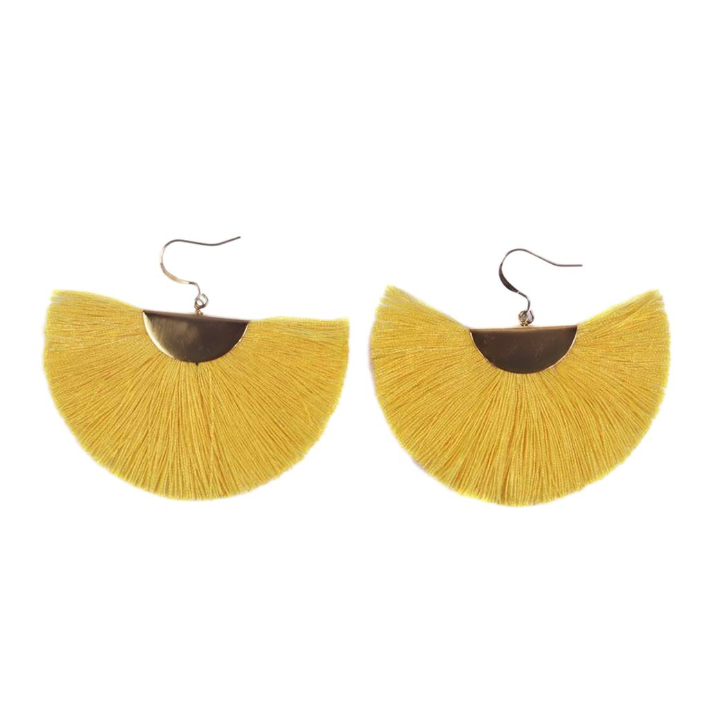 Half Moon Fan Tassel Earrings Boho Cotton Brass Lightweight Fringe Drop 3in