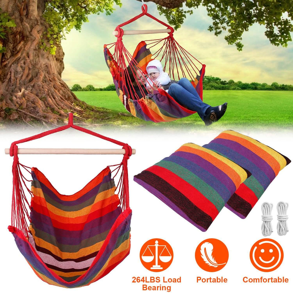 Hammock Hanging Chair Canvas with 2 Pillows