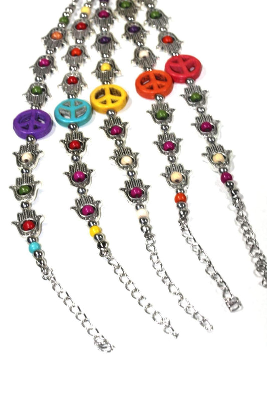 Hamsa Hand Peace Bracelet Adjustable Beaded Silver Charm