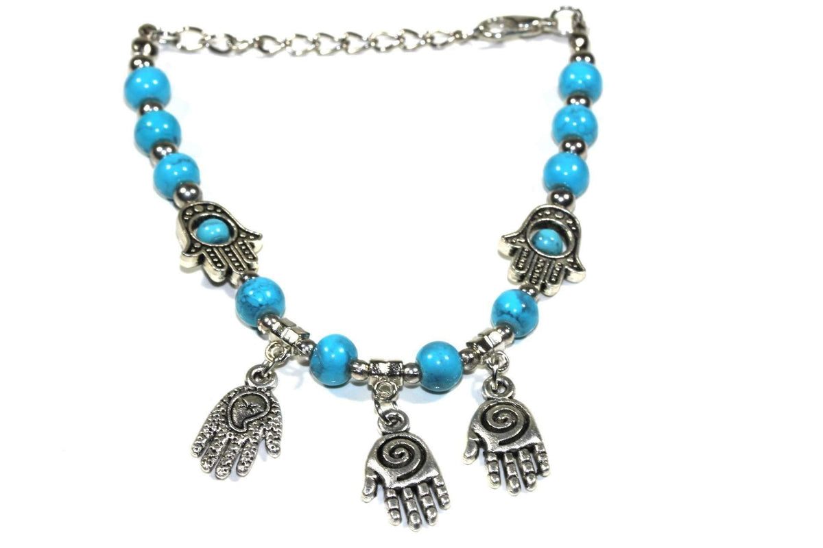 Hamsa Hand Turquoise Beaded Charm Bracelet Adjustable