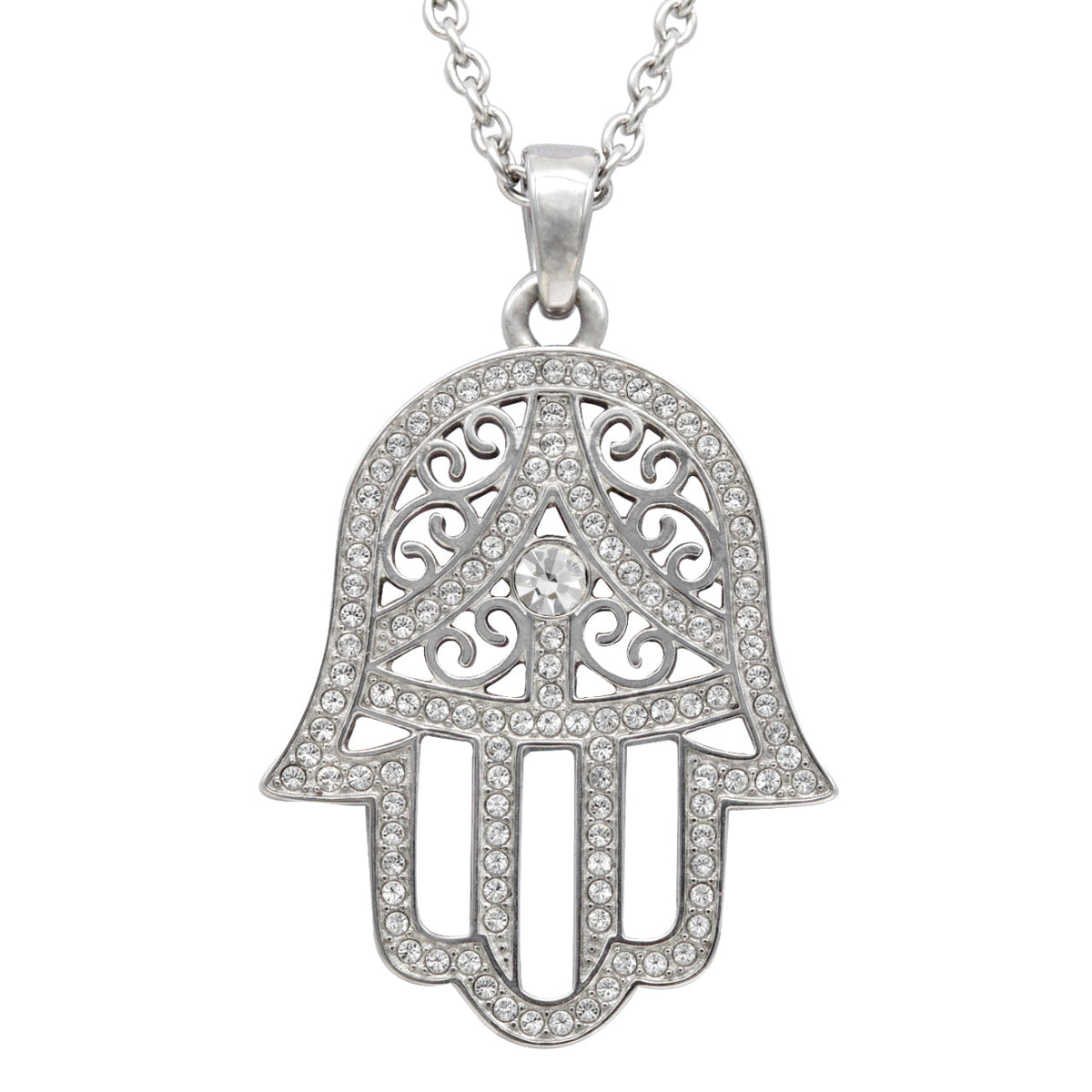 Hamsa Pendant Necklace Silver Rhinestone Protection Charm