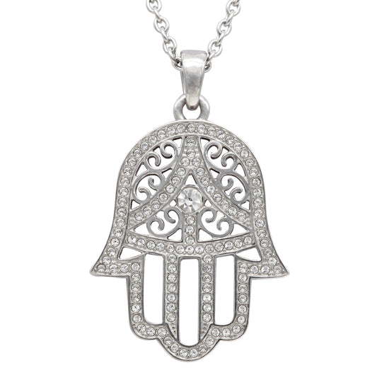 Hamsa Pendant Necklace Silver Rhinestone Protection Charm