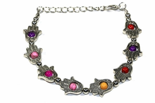 Hamsa Red Beaded Bracelet Adjustable Silver Tone Protection