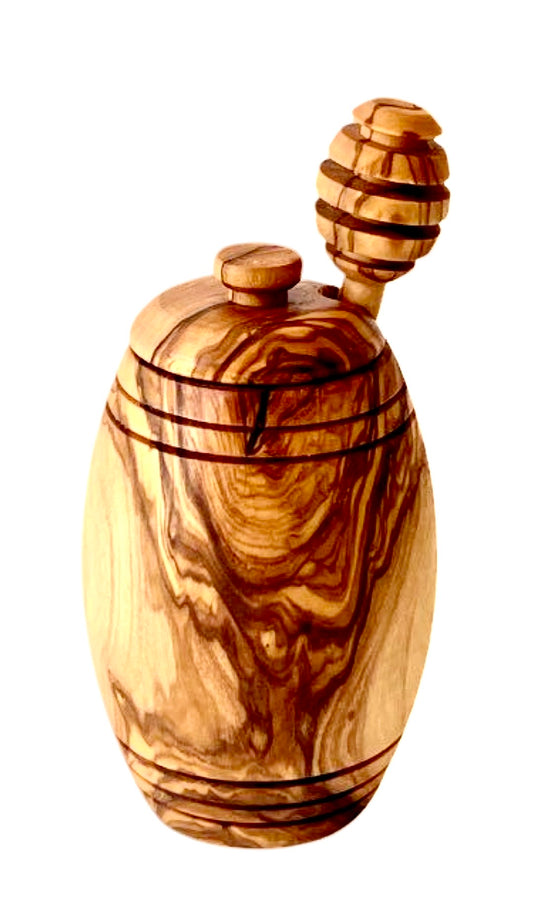 Olive Wood Honey Pot With Dipper Spoon - Hand Carved Kitchen Jar