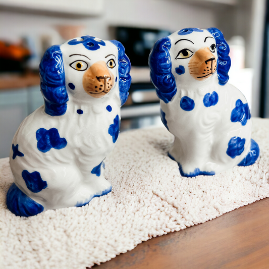 Staffordshire Dog Salt And Pepper Shakers Ceramic Hand-Painted Blue White