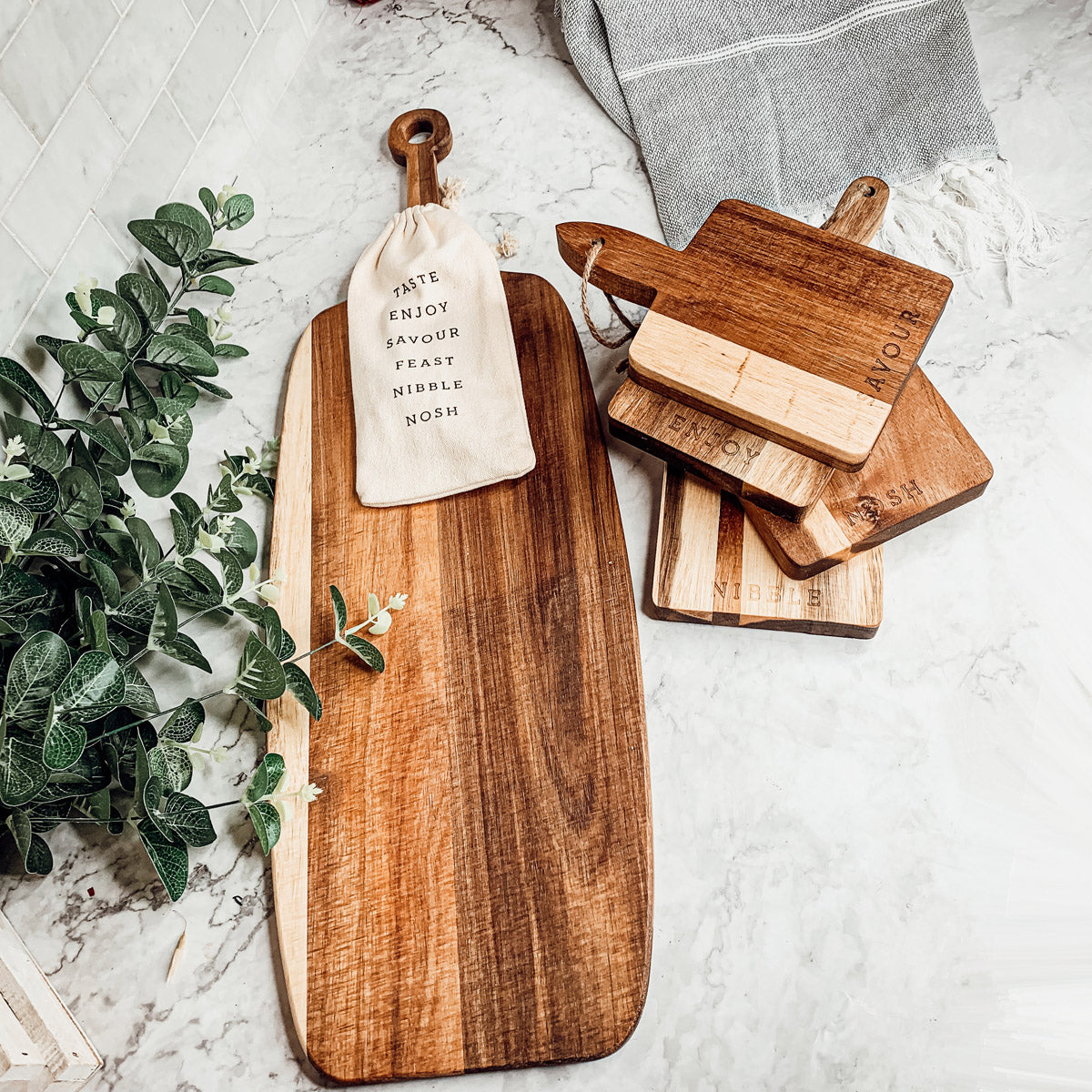 Acacia Wood Serving Board 23x8 Inch With Bamboo Cheese Markers And Handle