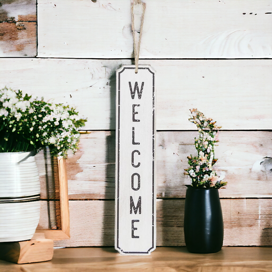 Wooden Welcome Hanging Sign Door Decor White Black Farmhouse Rustic 12 x 2.5 in