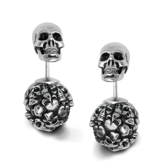Heart Skull Earrings Gothic Double Sided Silver Studs