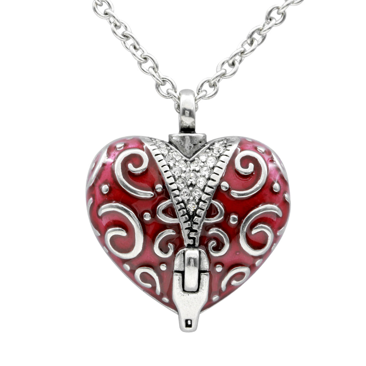 Heart Zipper Pendant Necklace Red Enamel Cubic Zirconia