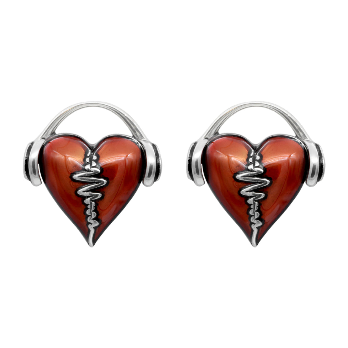 Heartbeat Stud Earrings Red Enamel Silver Minimalist