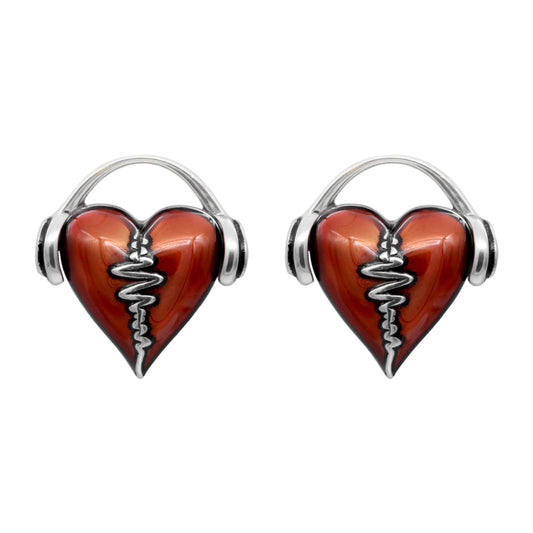 Heartbeat Stud Earrings Red Enamel Silver Minimalist
