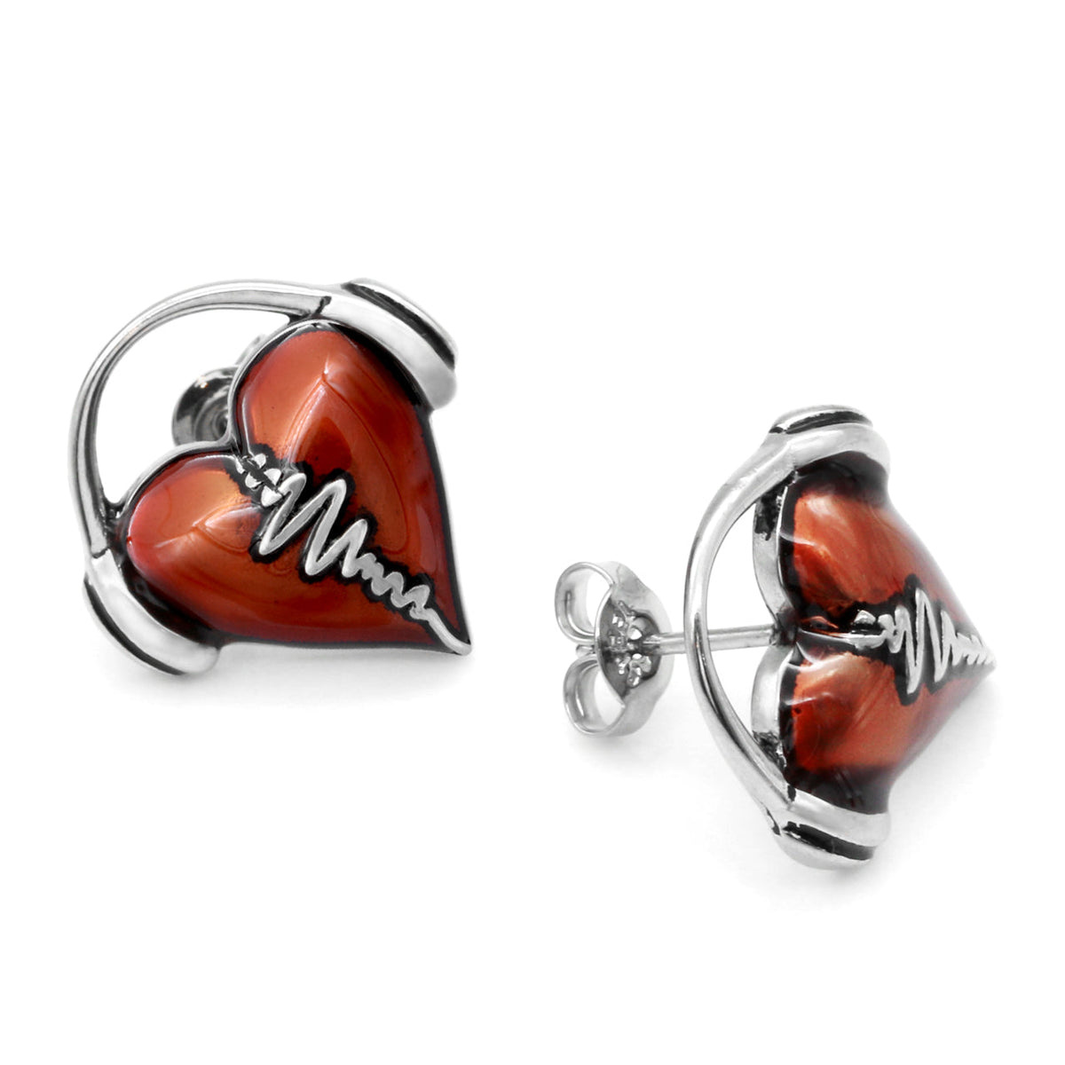 Heartbeat Stud Earrings Red Enamel Silver Minimalist