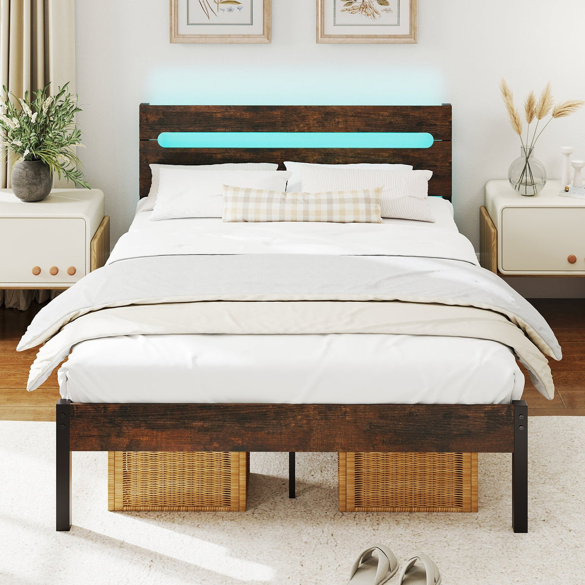 Heavy-Duty Metal Slats Support Bed Platform with Charging Station