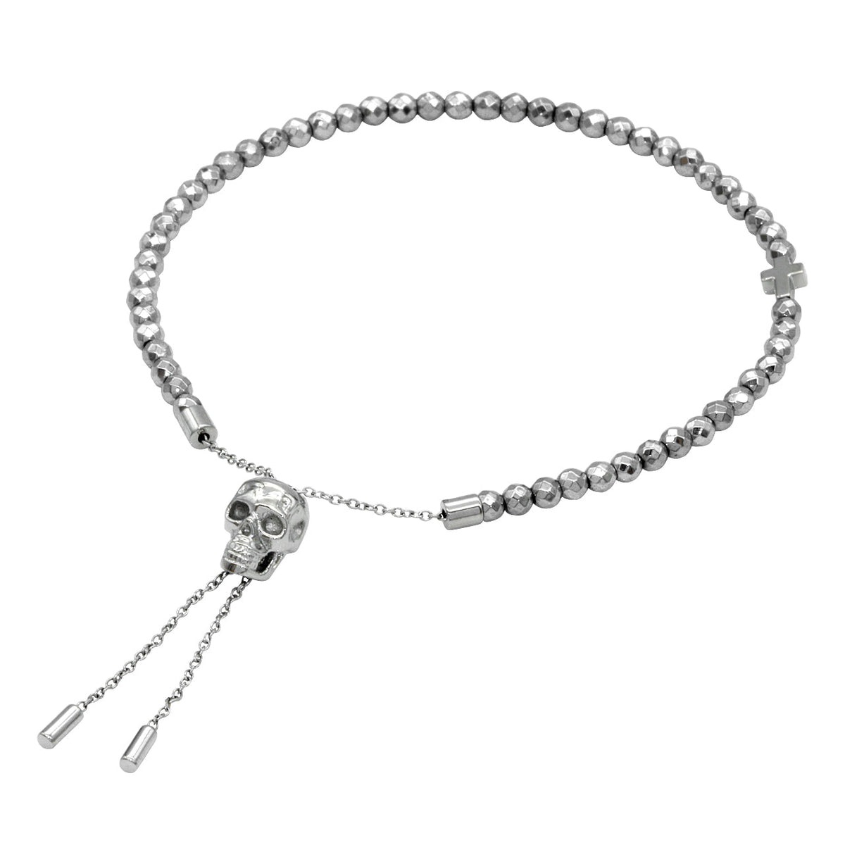 Hematite Skull Beaded Pull Chain Bracelet Silver Tone