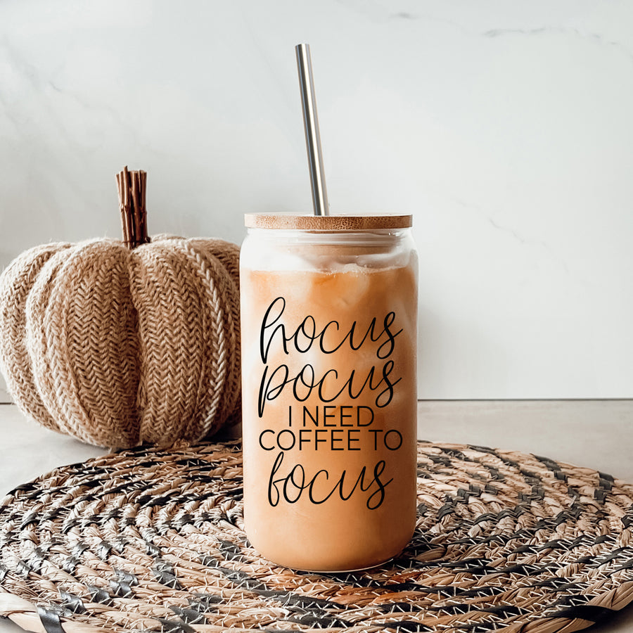Hocus Pocus 17oz Glass Tumbler Bamboo Lid, Stainless Straws, Coffee Quote