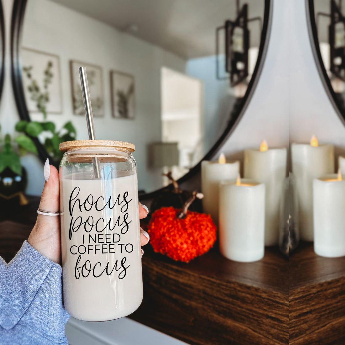 Hocus Pocus 17oz Glass Tumbler Bamboo Lid, Stainless Straws, Coffee Quote