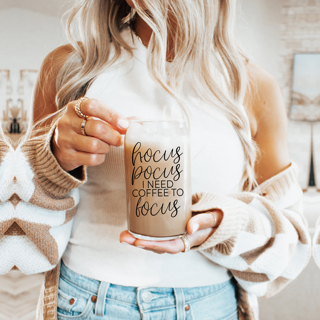 Hocus Pocus 17oz Glass Tumbler Bamboo Lid, Stainless Straws, Coffee Quote