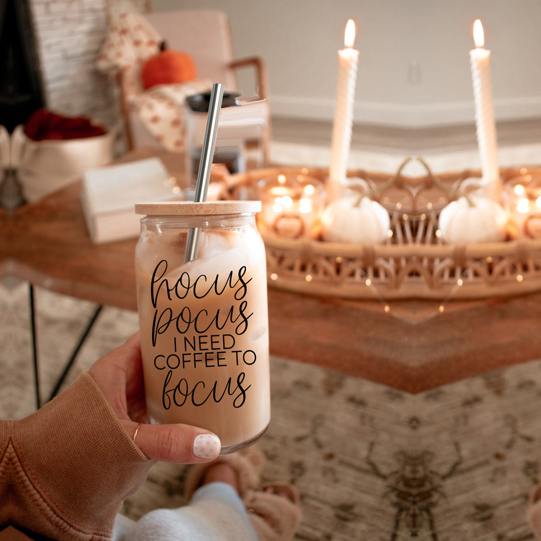 Hocus Pocus 17oz Glass Tumbler Bamboo Lid, Stainless Straws, Coffee Quote