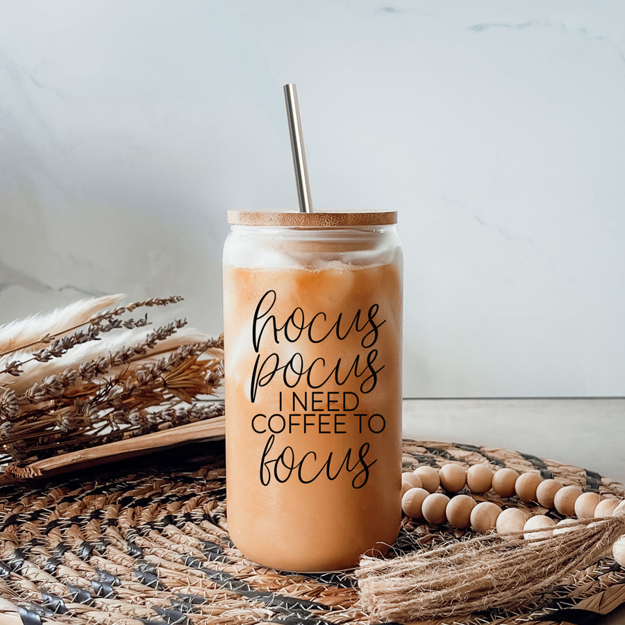 Hocus Pocus 17oz Glass Tumbler Bamboo Lid, Stainless Straws, Coffee Quote
